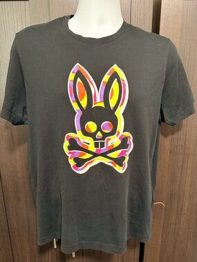 Psycho Bunny Mens Small Black Tee with Multicolor Neon Bunny Skull Graphic